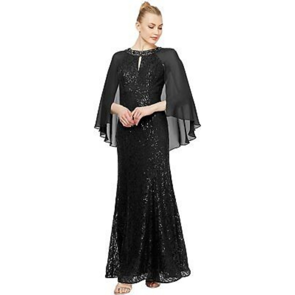 SL Fashions Ladies Formal Black Sequined Evening Cape Dress Sz 10